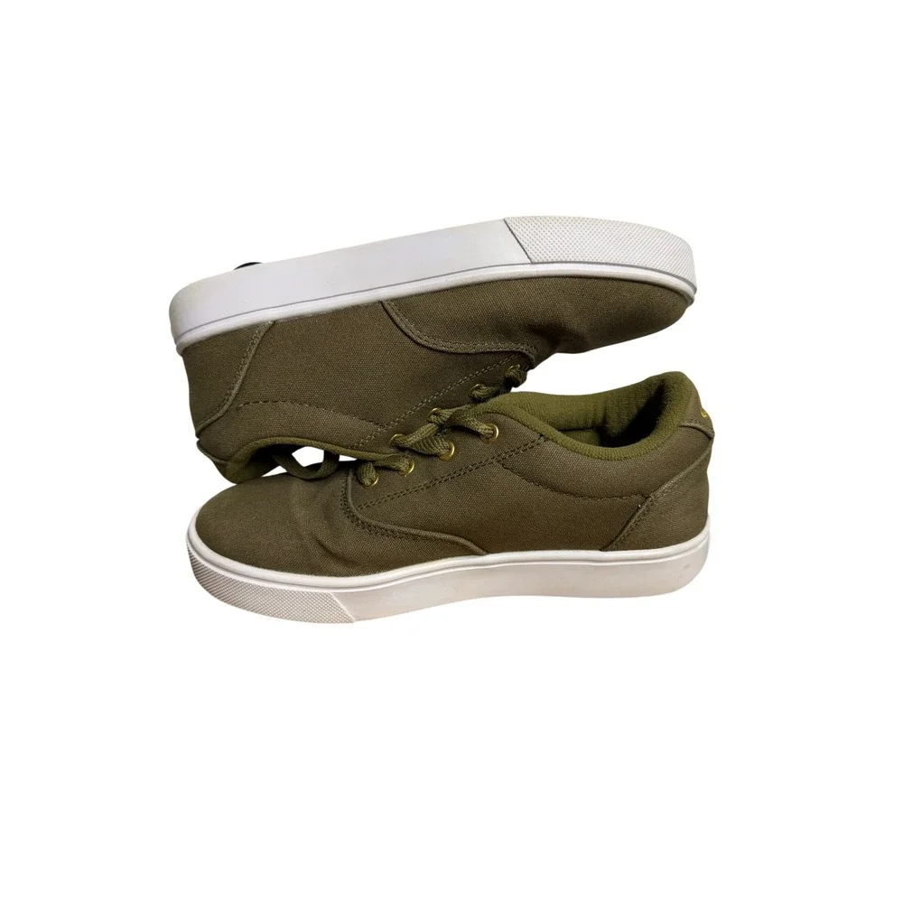Heelys Kids Skate Shoes Olive Green Canvas Gold Logo Low Top‎ Sneakers Wheels